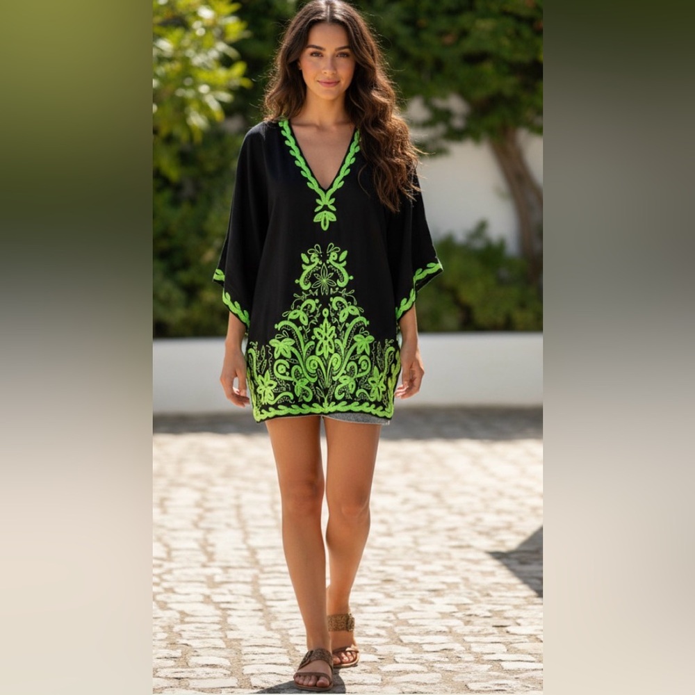 Calypso St Barth black linen tunic with lime embroidery Sz S